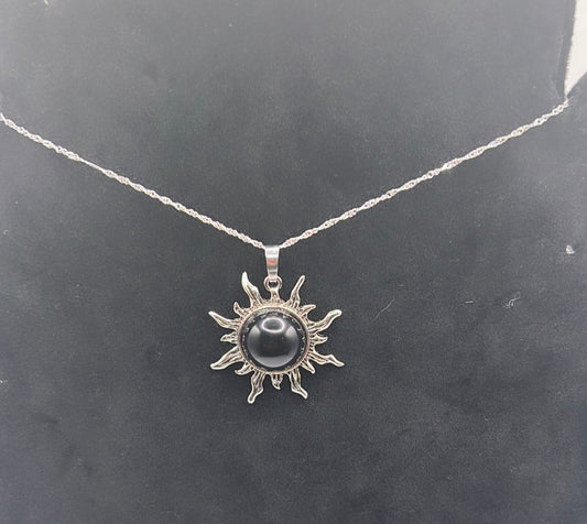 Black obsidian sun pendant with sterling silver necklace